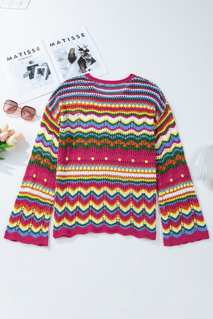 Rosenroter colorblock gestreifter strickpullover mit losen ärmeln