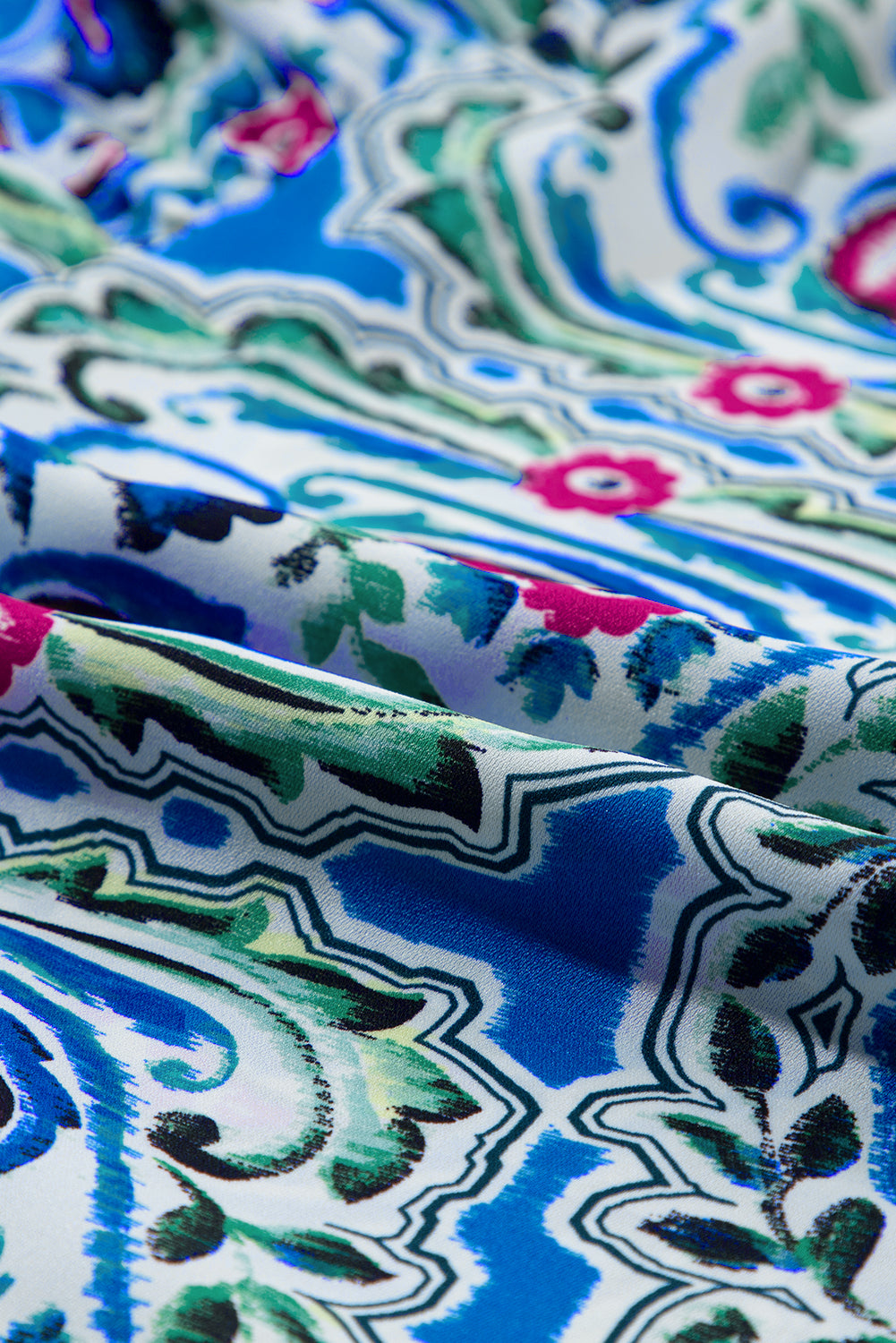 Himmelblau bohemian print krawattenausschnitt rüschensaum kurzes kleid