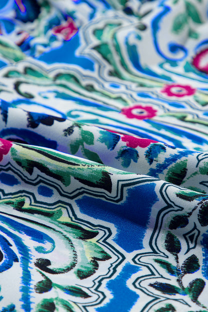 Himmelblau bohemian print krawattenausschnitt rüschensaum kurzes kleid