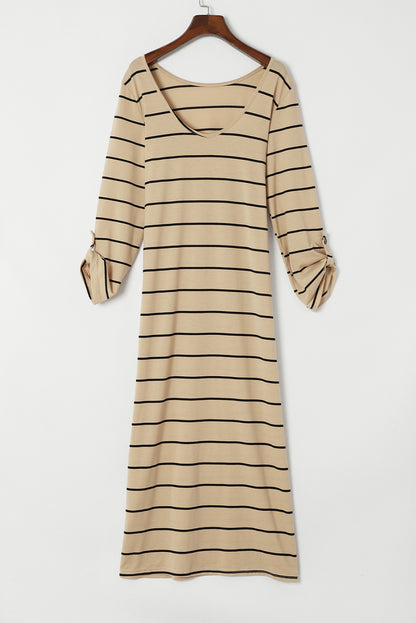 Apricot Gestreiftes Lässig geschlitztes langes Kleid