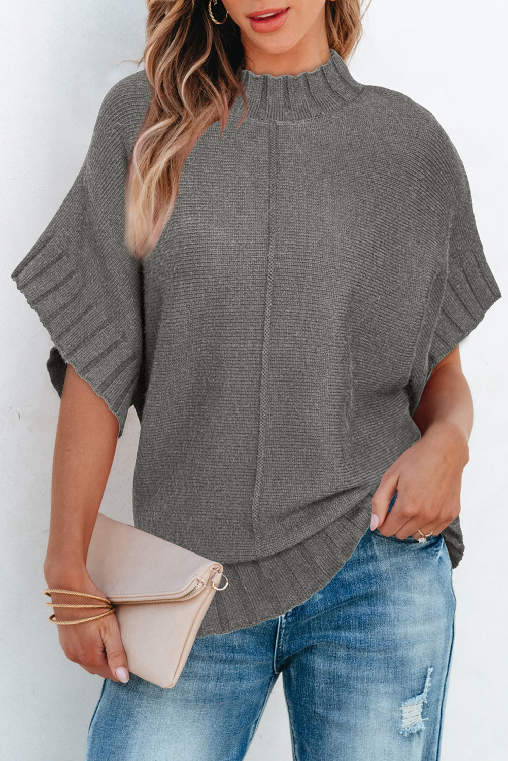 Medium grey mock neck batwing kurzarm-strickpullover