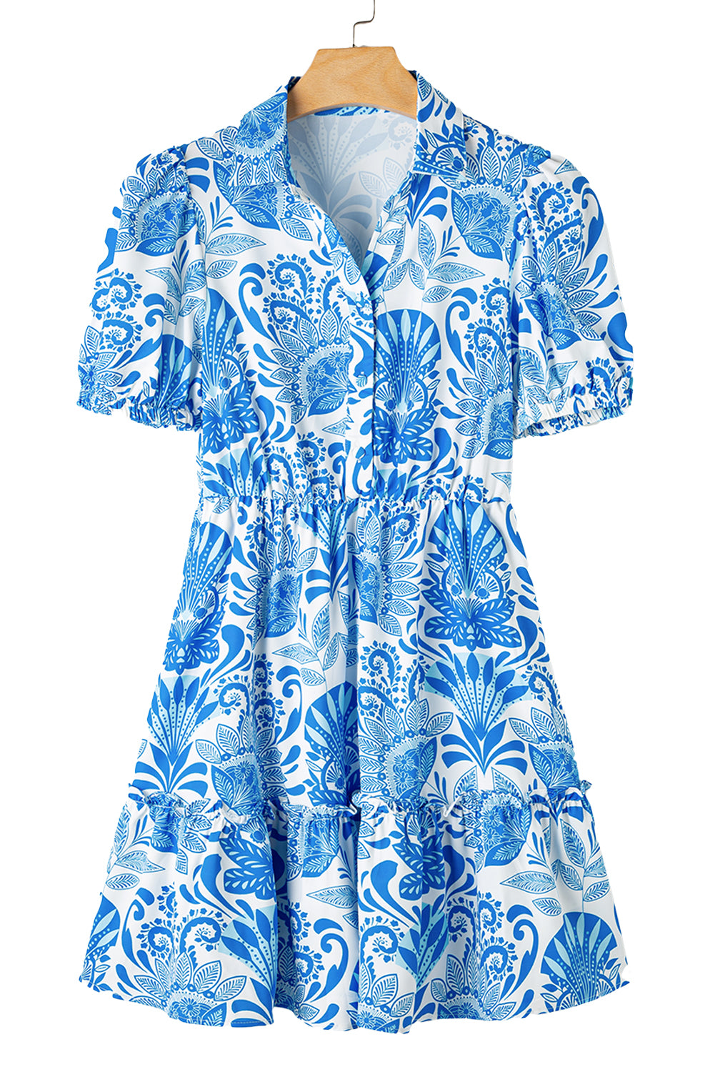 Himmelblaues retro-blumendruck-minikleid mit geraffter taille und kordelzug