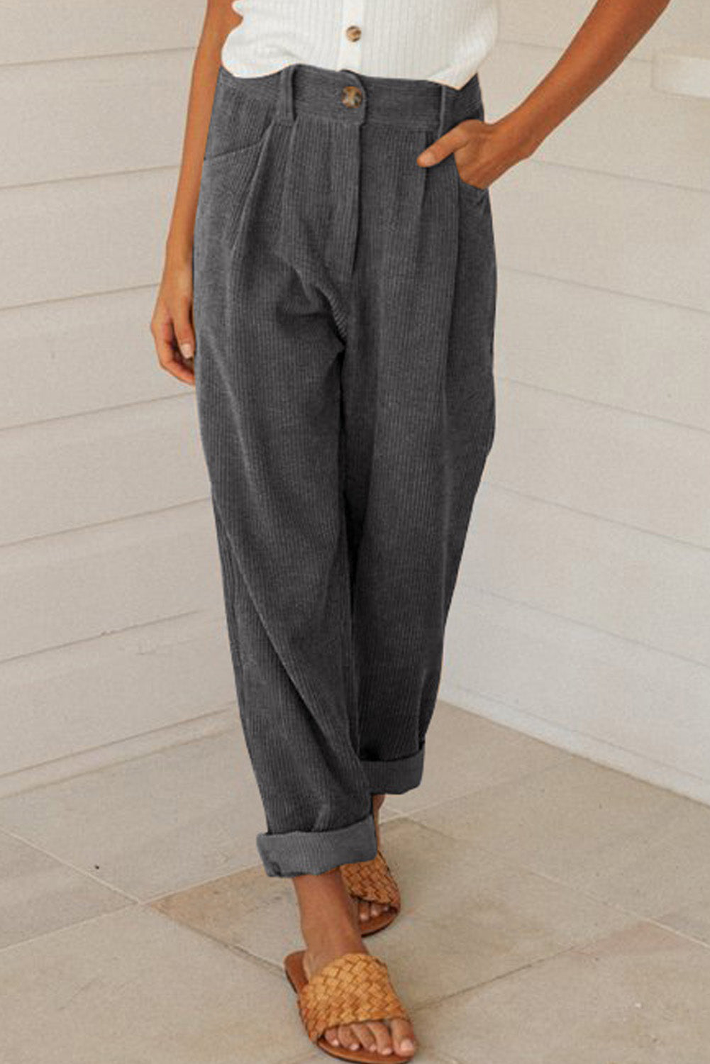Graue kordhose mit hoher taille und geradem bein