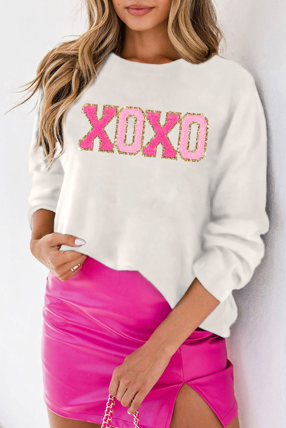 Weißer xoxo glitter print rundhalsausschnitt casual pullover