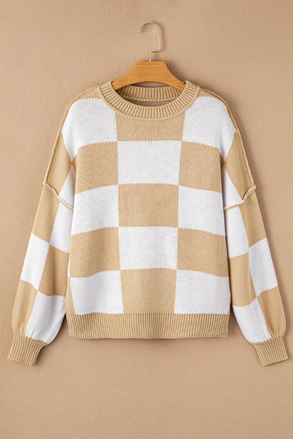 Khaki karierter pullover mit läuferärmeln