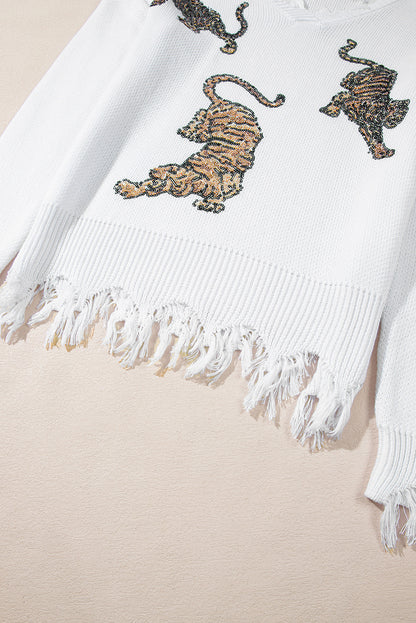 Weißer ausgefranster pailletten-tiger-pullover