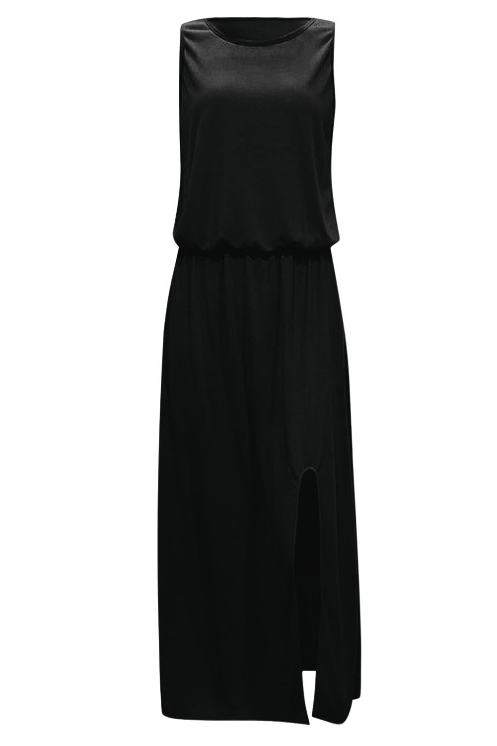 Schwarzes einfarbiges ärmelloses Tunika Maxikleid mit Schlitz