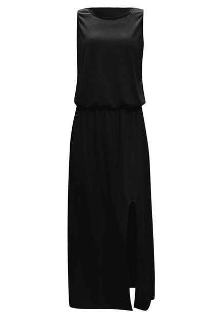 Schwarzes einfarbiges ärmelloses Tunika Maxikleid mit Schlitz