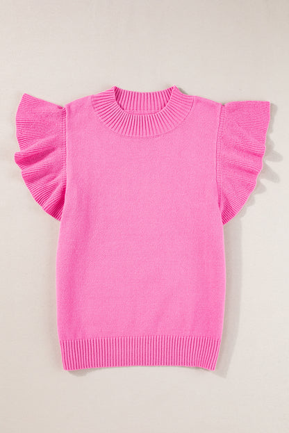 Bonbon gerippter mock neck pullover mit kurzen ärmeln und rüschen