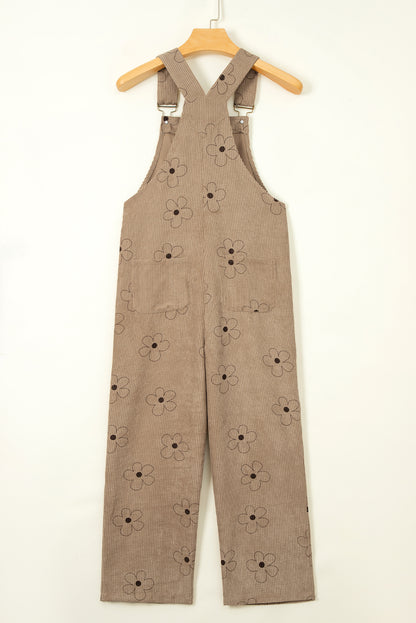 Khakifarbener kord-overall mit blumendruck