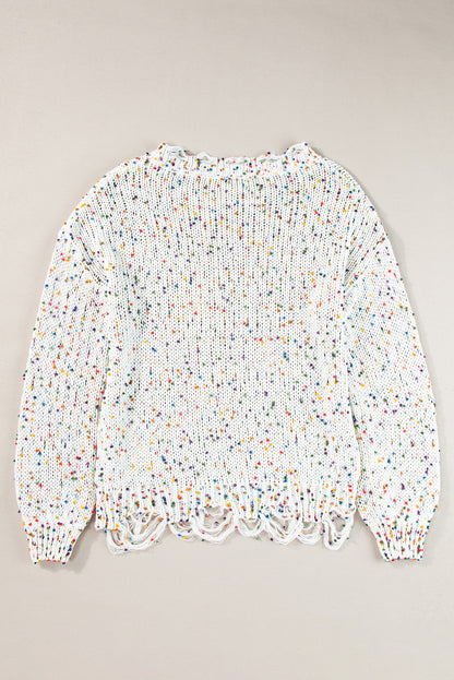 Weißer bunter konfetti distressed strickpullover