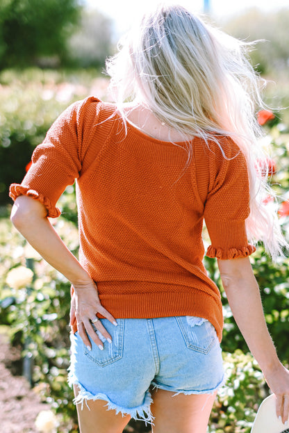Gold flame textured knit bubble sleeve square neck top