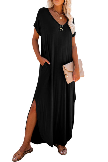 Schwarzer v-ausschnitt mit versteckten taschenschlitzen maxi-t-shirt-kleid