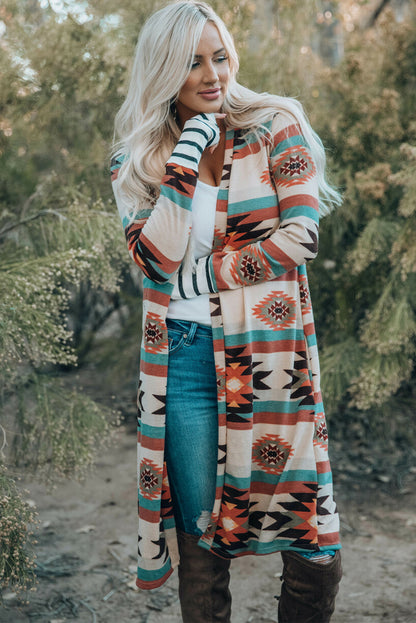 Mehrfarbig geometrisch farbe block offene vorderseite lange strickjacke
