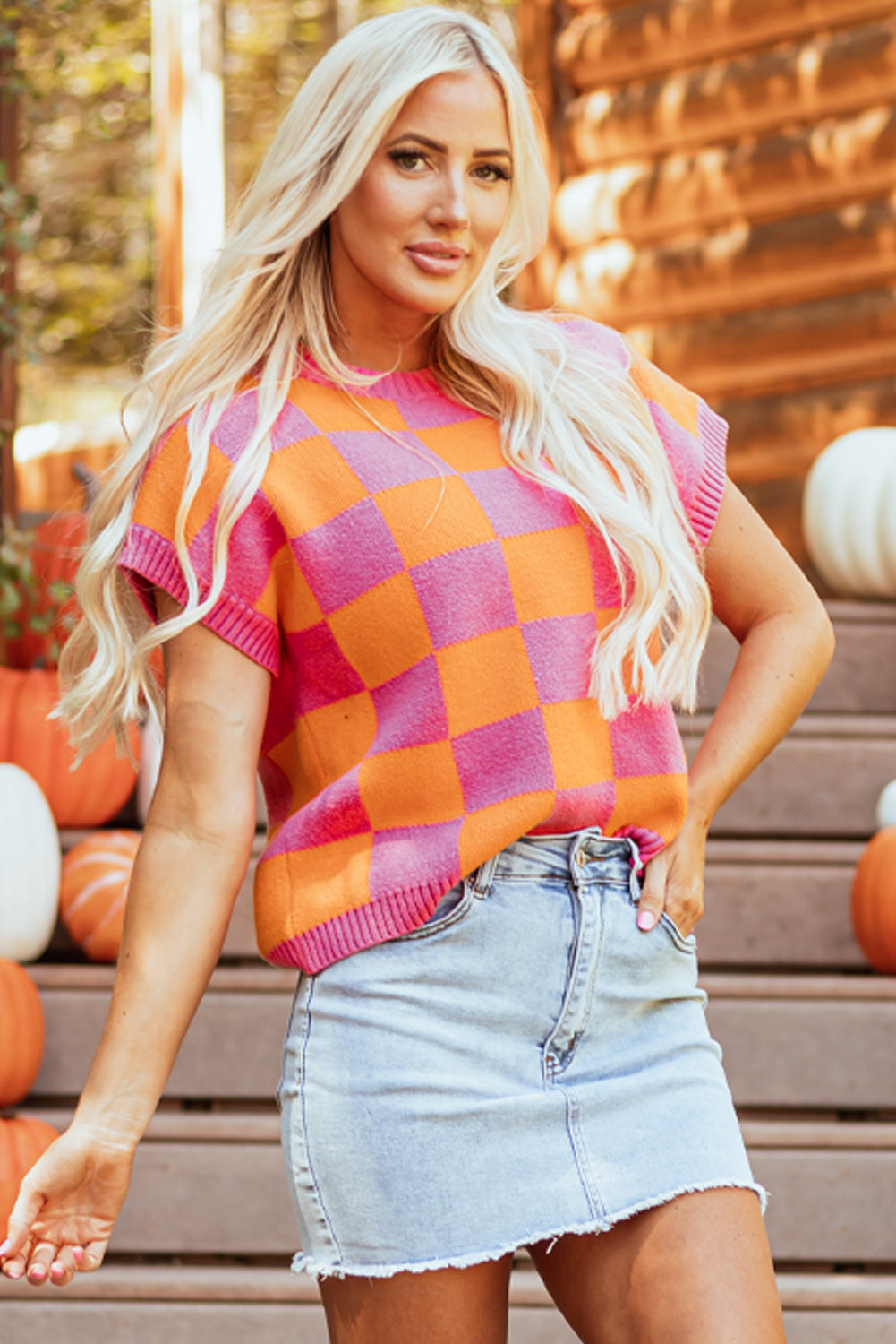 Strawberry pink colorblock plaid pattern ribbed trim sweater tank top
