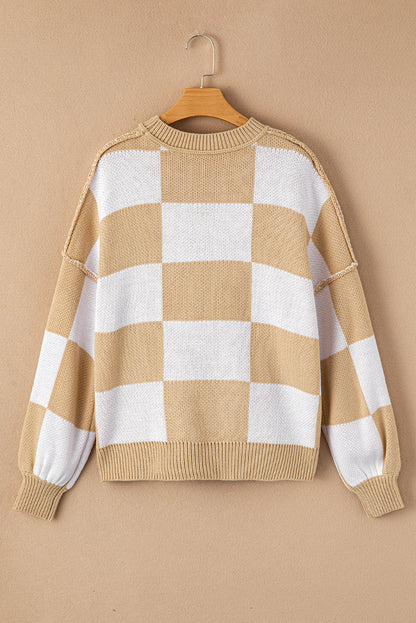 Khaki karierter pullover mit läuferärmeln