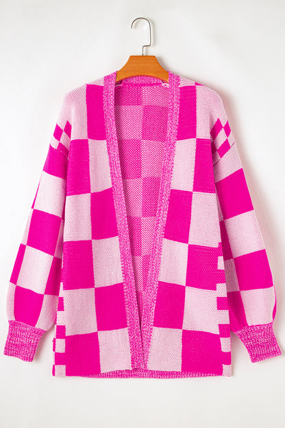 Rot karierte strickjacke mit geripptem saum und offener vorderseite