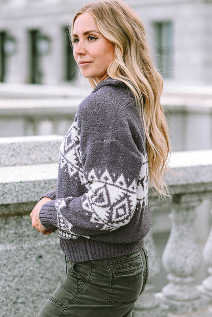 Grauer western pullover mit geometrischem aufdruck und viertelreißverschluss
