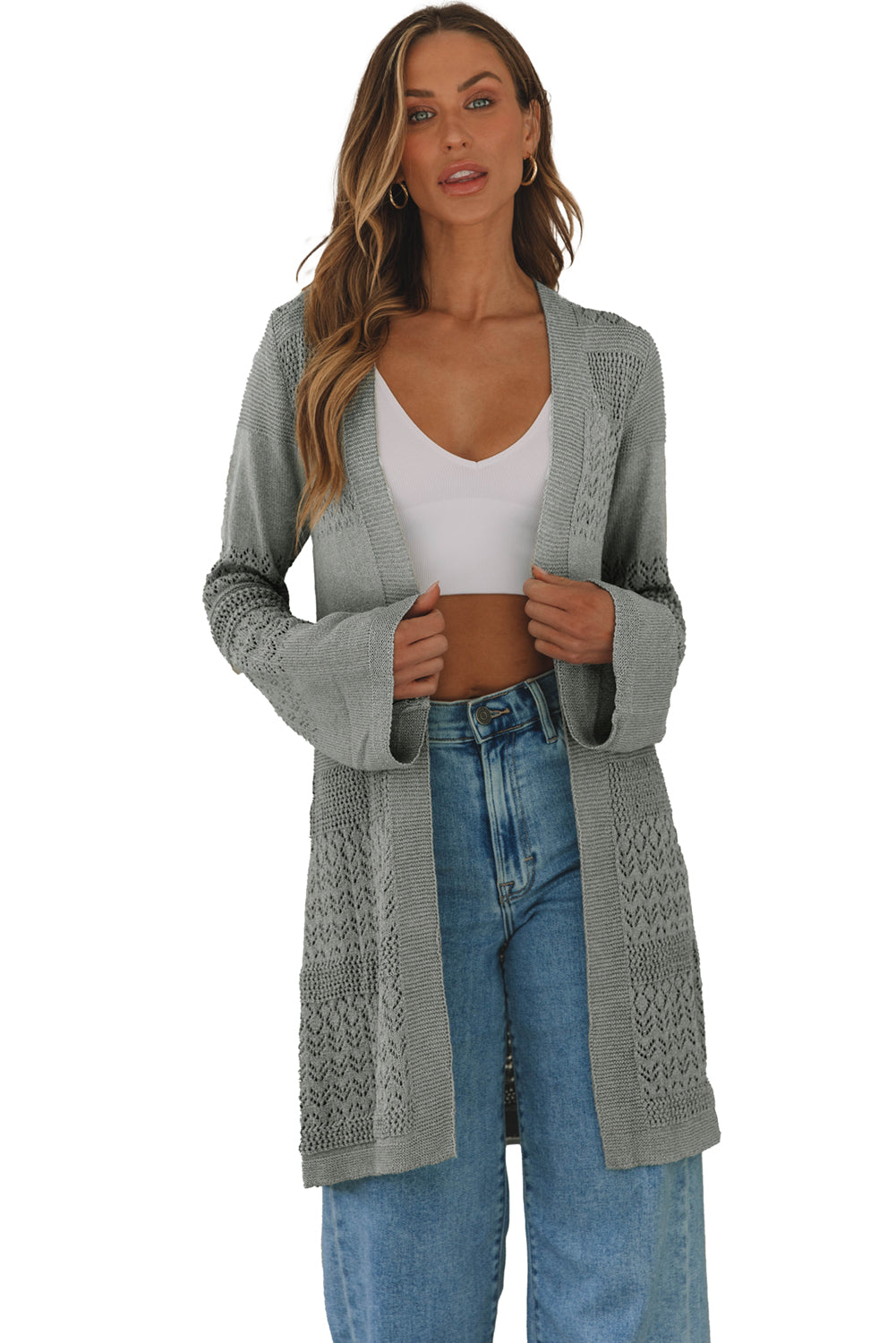 Graue pointelle-strickjacke mit offener vorderseite