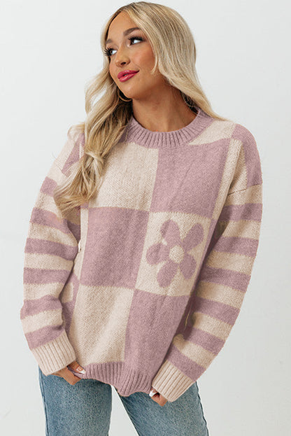 Orchid petal checkered floral print striped sleeve pullover