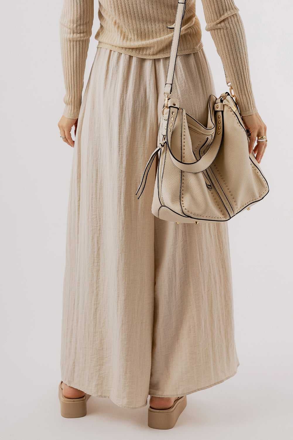 Beige kordelzug taille plissiert weites bein freizeithose