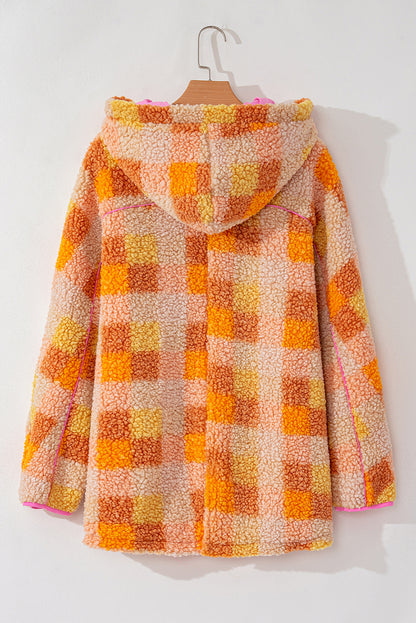 Orange karierte sherpa-kapuzenjacke