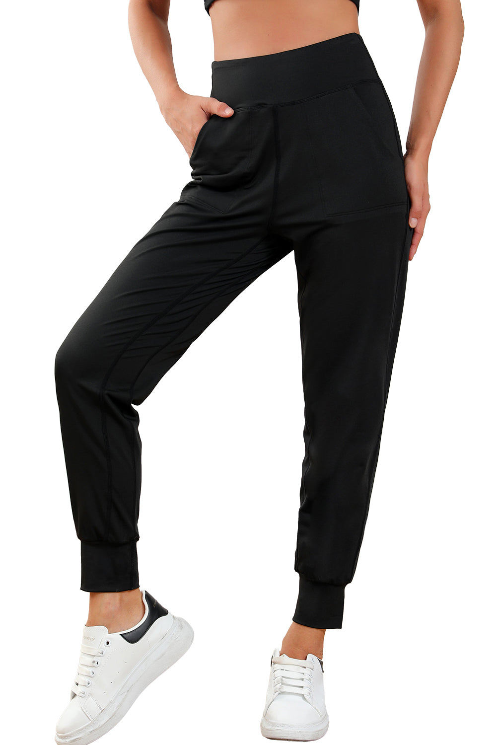 Schwarze jogginghose mit hoher taille und offener naht
