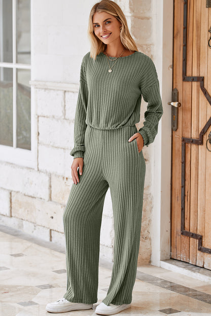 Lorbeergrüner vollrippstrick schlüsselloch zurück hohe taille jumpsuit