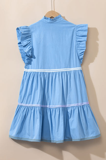 Beau blue ric rac colorblock flutter sleeve v neck tiered dress