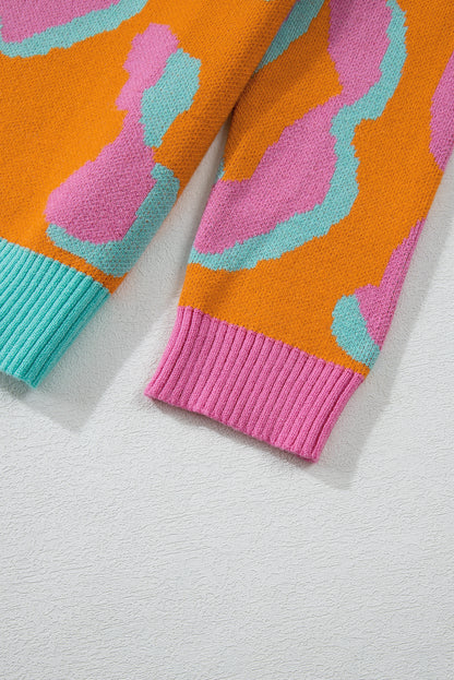 Orange leopard colorblock pullover mit geripptem rand