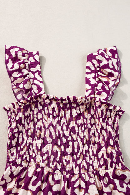 Rose leopard rüschenriemen gesmoktes langes kleid mit hoher taille