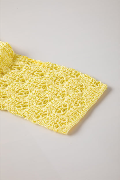 Gelber pointelle-strickpullover mit v-ausschnitt strickjacke