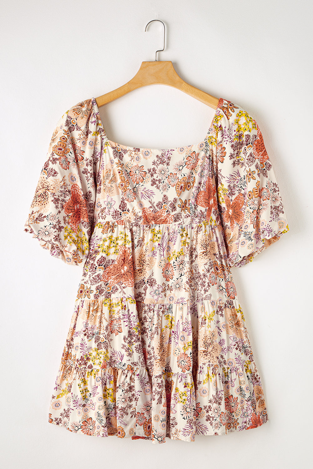 Khaki floral kurzarm minikleid mit quadratischem ausschnitt