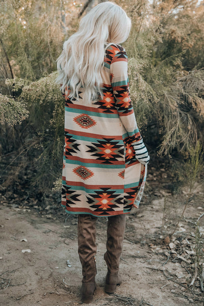 Mehrfarbig geometrisch farbe block offene vorderseite lange strickjacke