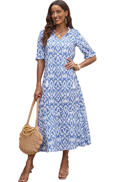 Himmelblau V-Ausschnitt Casual Geometric Print Maxikleid