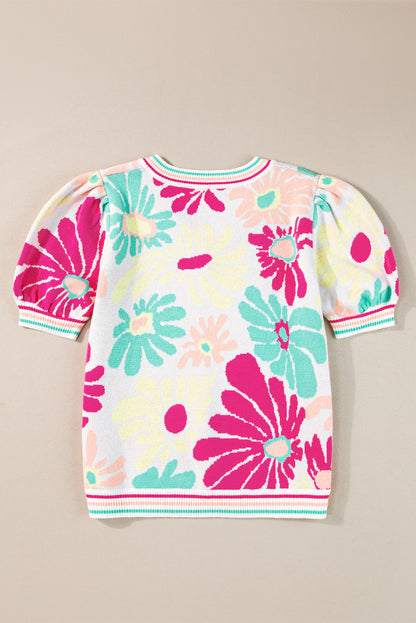 Mehrfarbig floral print v-ausschnitt kurzarm pullover