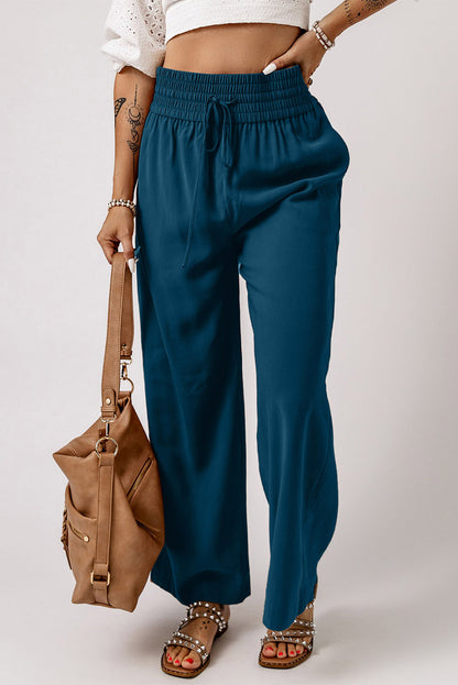 Blaue drawstring elastische taille lässige hose mit weitem bein