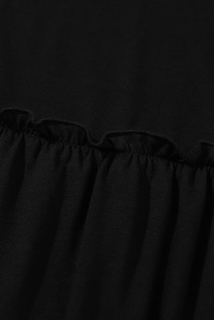 Schwarzes gestreiftes leoparden-patch-ärmel-rüschen-kleid in übergröße
