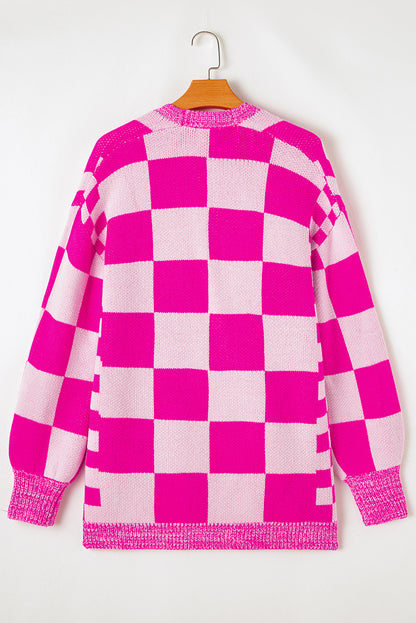 Rot karierte strickjacke mit geripptem saum und offener vorderseite