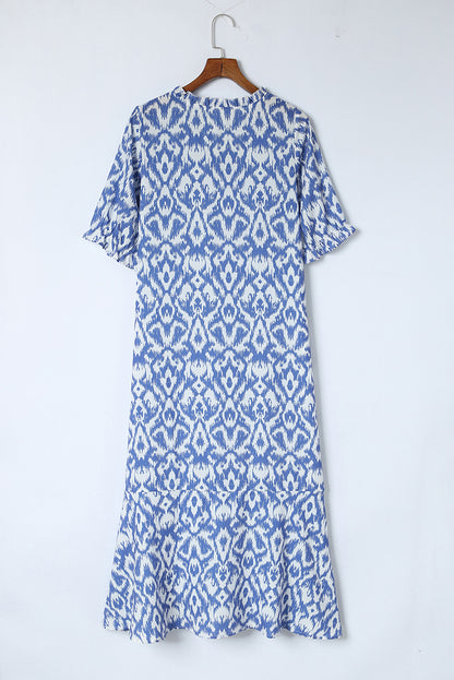 Himmelblau V-Ausschnitt Casual Geometric Print Maxikleid