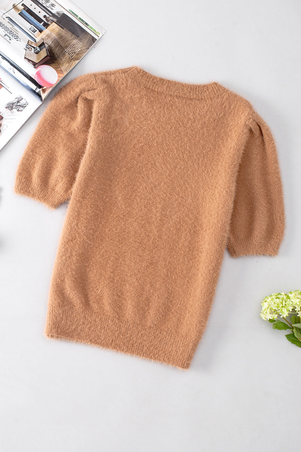 Light french beige fuzzy short sleeve pullover