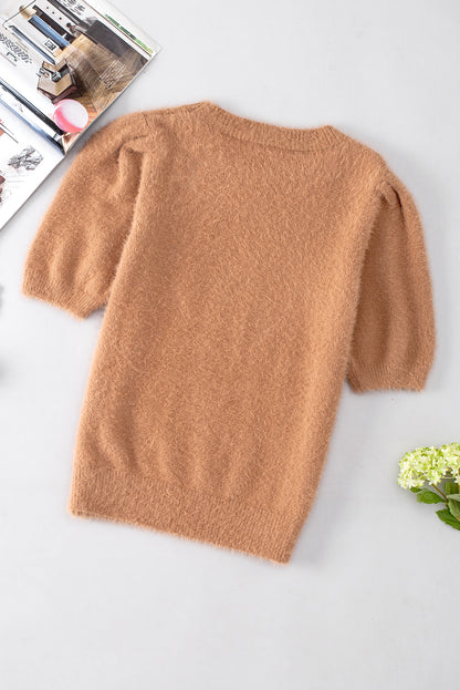 Light french beige fuzzy short sleeve pullover