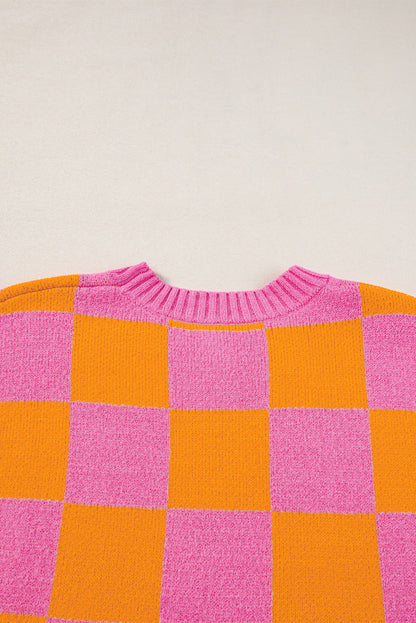 Strawberry pink colorblock plaid pattern ribbed trim sweater tank top