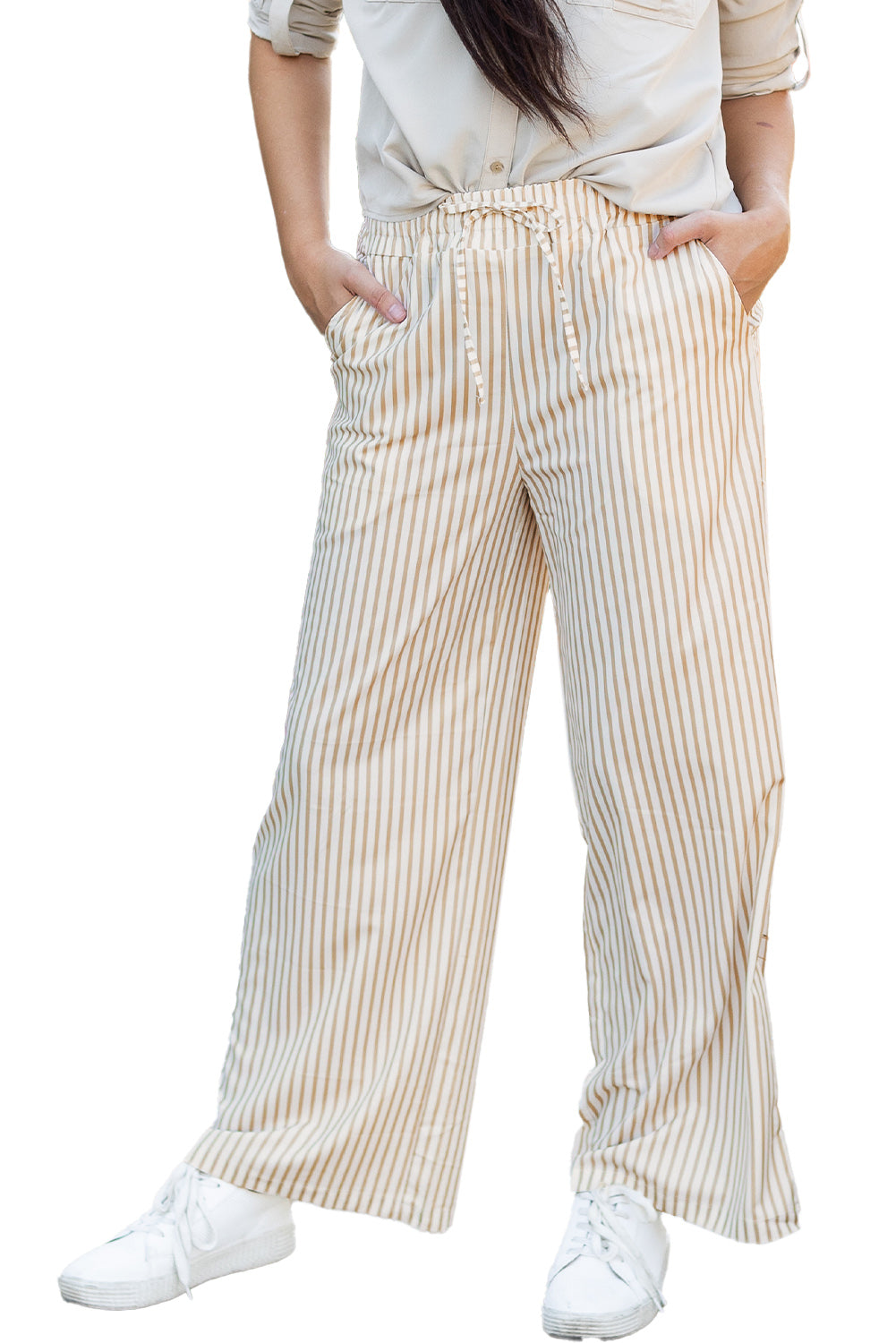 Khaki streifendruck weite hose mit kordelzug
