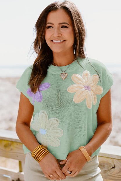 Moonlight jade multi crochet flower knit kurzarm pullover top