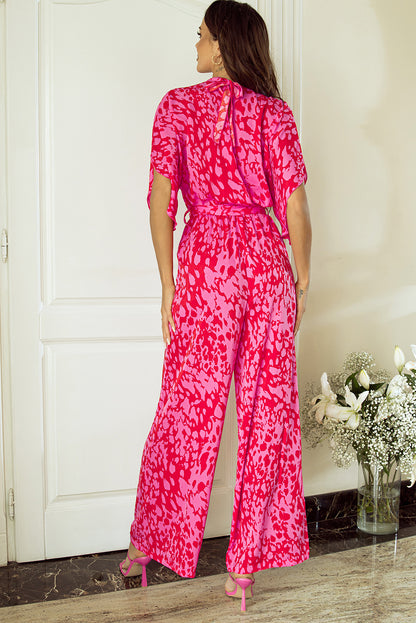 Rose leopard lose ärmel gürtel mit weitem bein jumpsuit