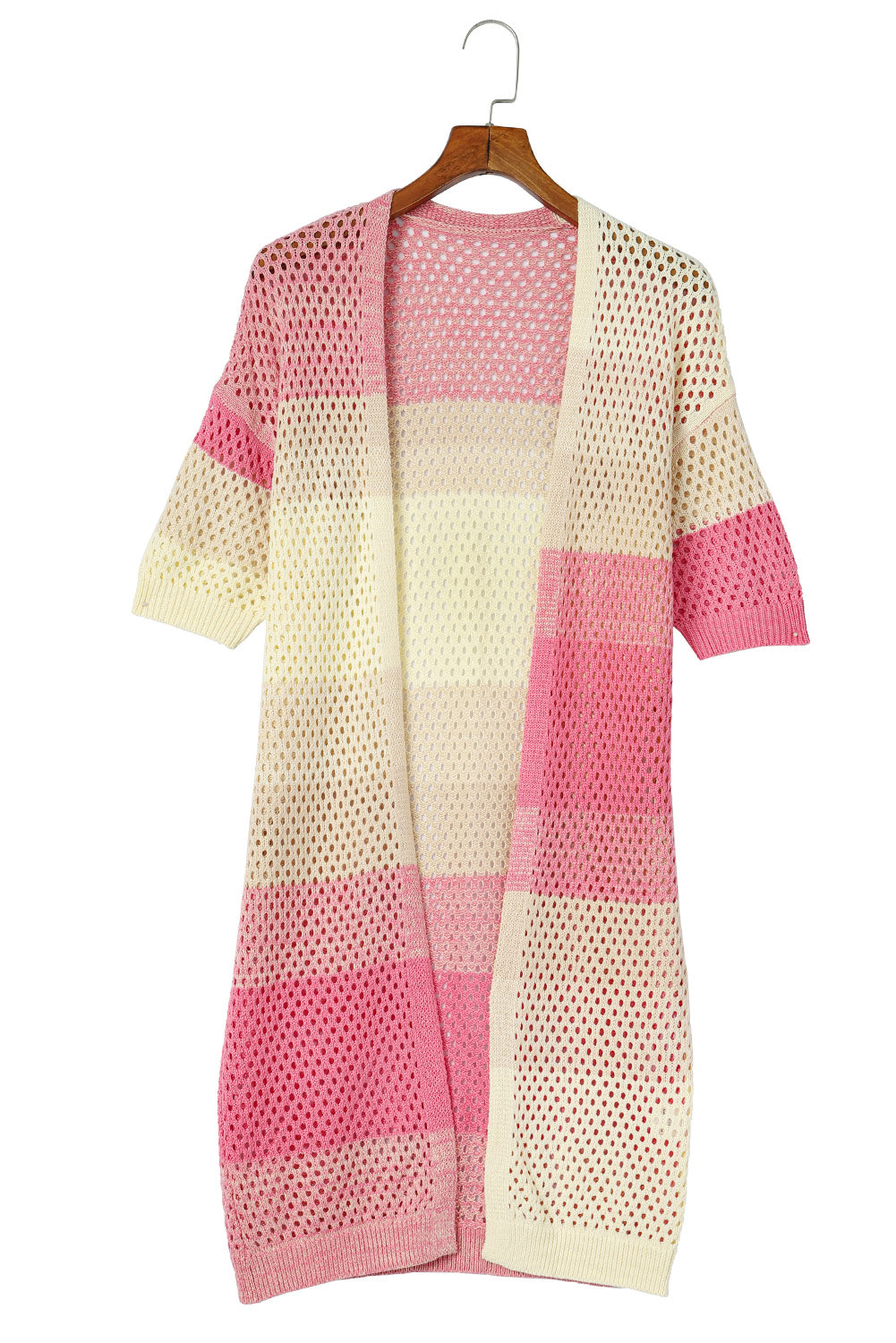 Rosa gerippte kurzarm-strickjacke mit ombre-ösen