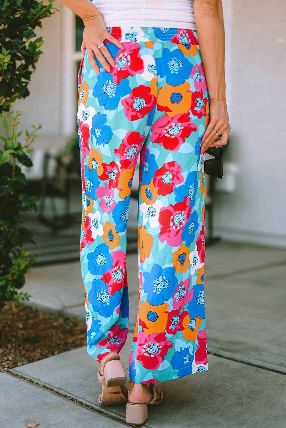 Mehrfarbige abstrakte florale druck kordelzug breite taille hose