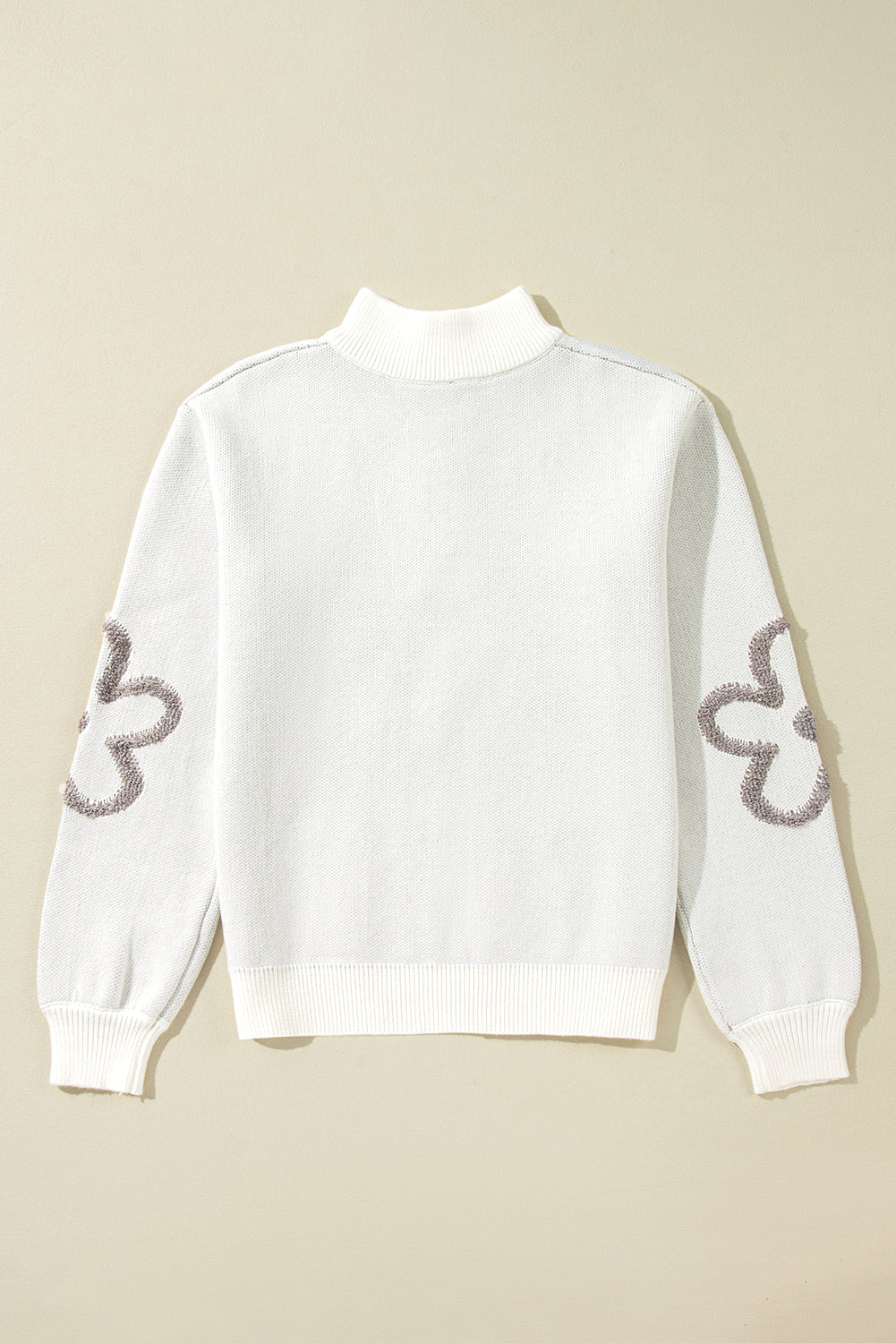 Weißer kontrast-blumen-halb-reißverschluss-pullover mit stehkragen