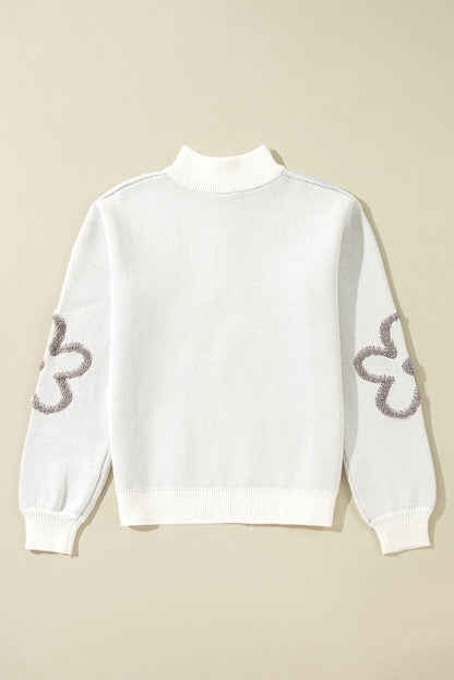 Weißer kontrast-blumen-halb-reißverschluss-pullover mit stehkragen